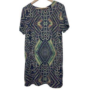 LUMIERE | Women's Short Sleeve Exposed Zipper Geometric Shift Dress | Size L
